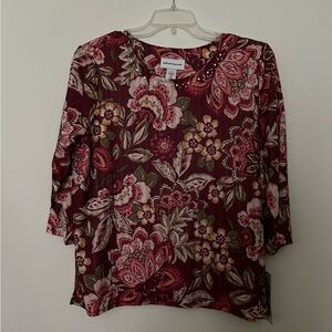 Alfred Dunner women’s burgundy, floral top 3/4 sleeve, silver stud accent XL NWT